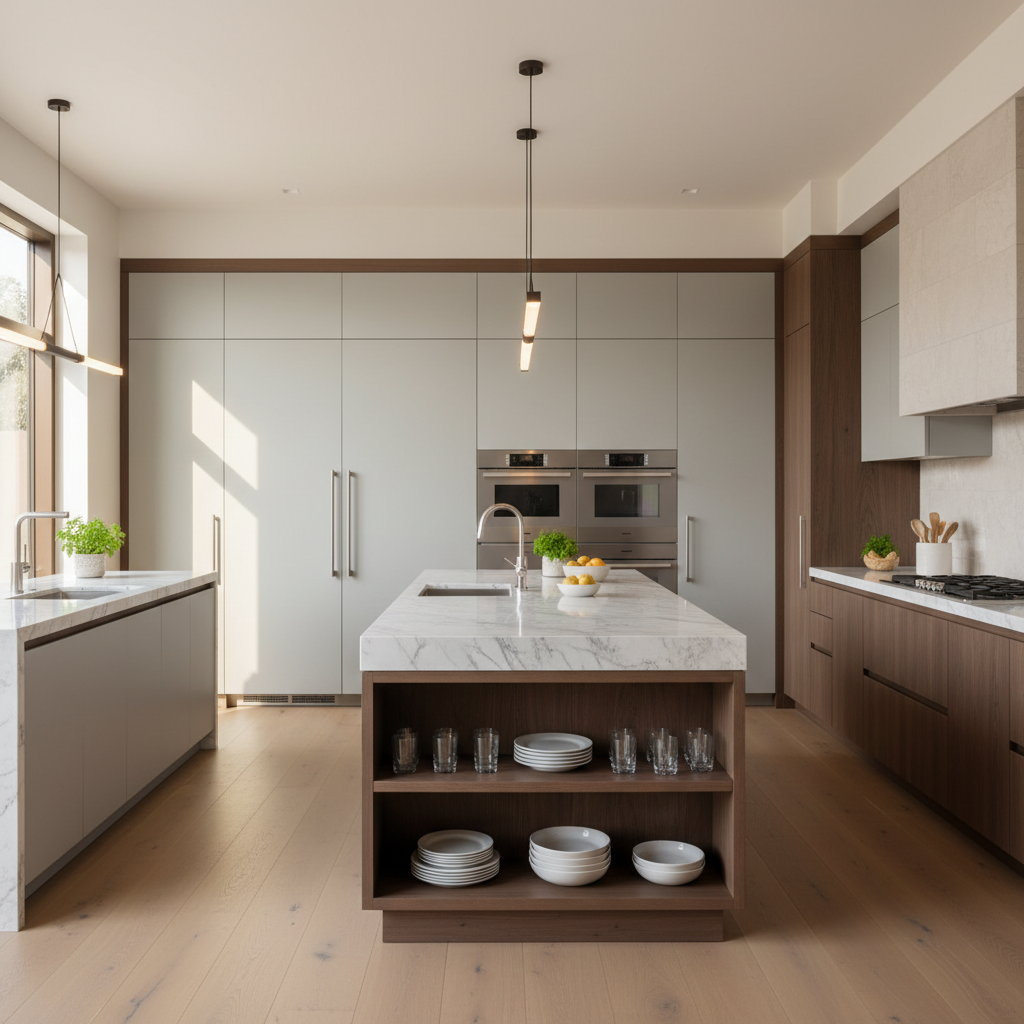 Bright upscale kitchen with integrated Sub-Zero style appliances