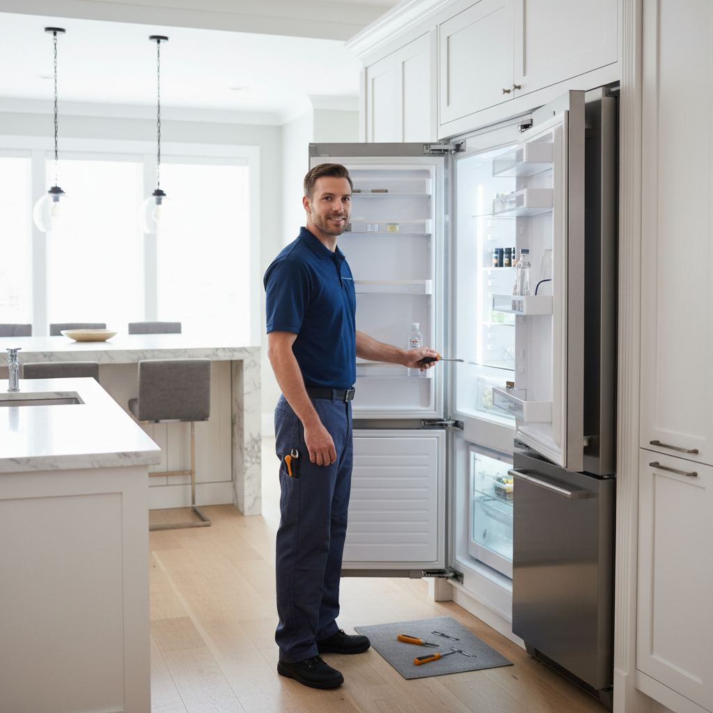 Professional technician inspecting a built-in refrigerator